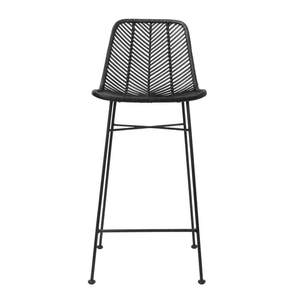 Storied Home Rattan Bar Stool Black: Wrought Iron Frame, Fixed Height, Spot Clean, Adult Use