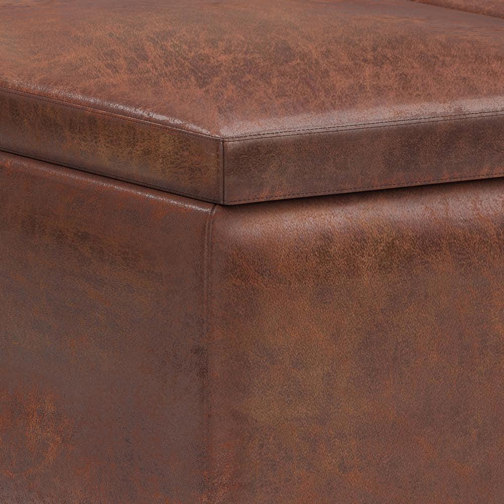 Simpli Home Owen 34"W Small Upholstered Coffee Table Storage Ottoman with Flip-Over Tray Top and Solid Wood Legs