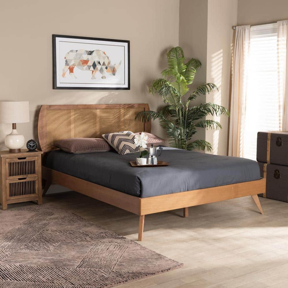 Baxton Studio Asami Mid-Century Modern Walnut Brown Finished Wood and Synthetic Rattan Full Size Platform Bed