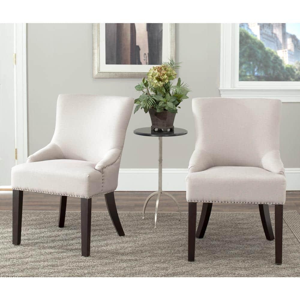 SAFAVIEH Lotus 19''H KD Side Chair Set of 2 Flat Black Nail Head Taupe Linen