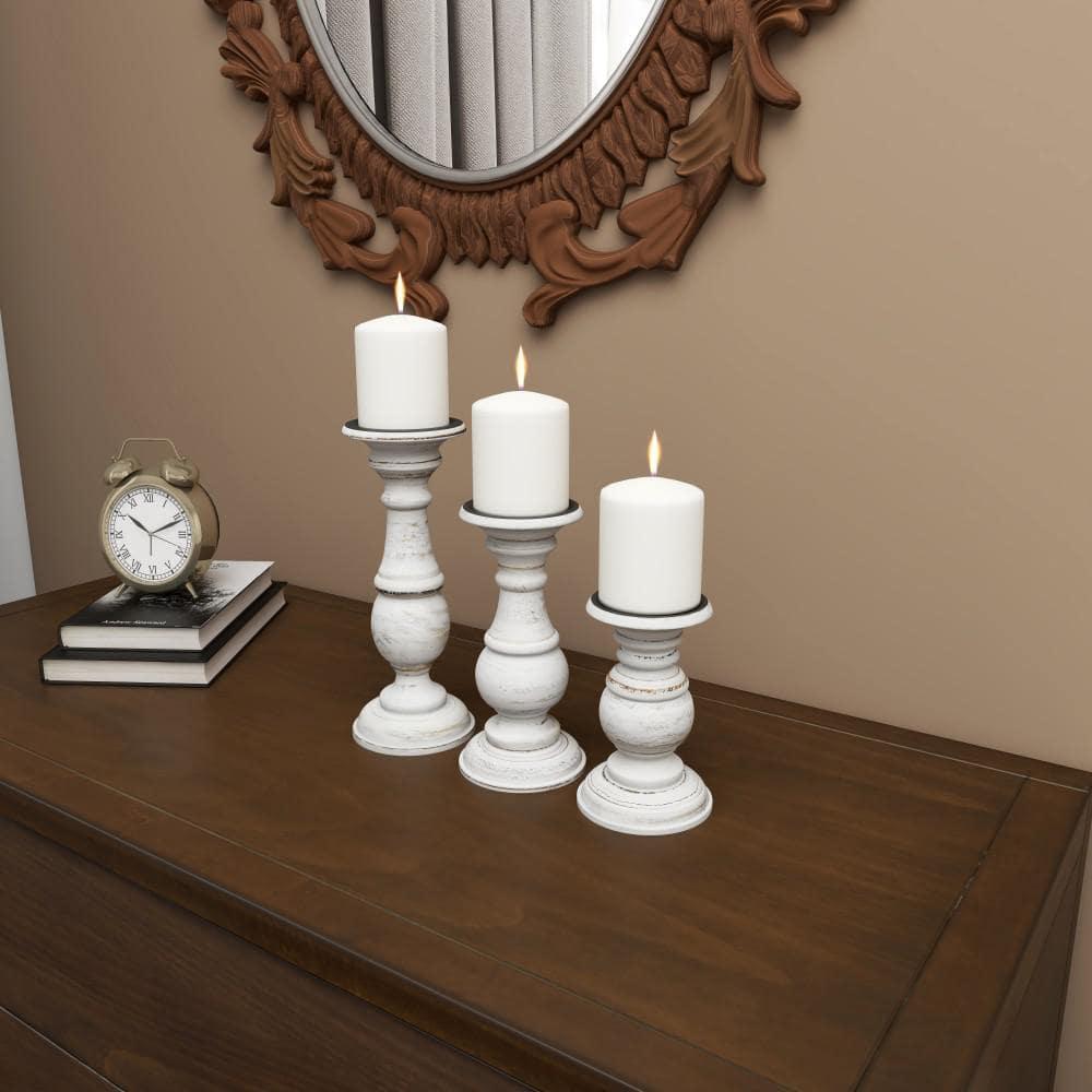 Set of 3 Rustic Pillar Candle Holder White - Olivia & May: Elegant Mango Wood, Sturdy Base, Indoor Use