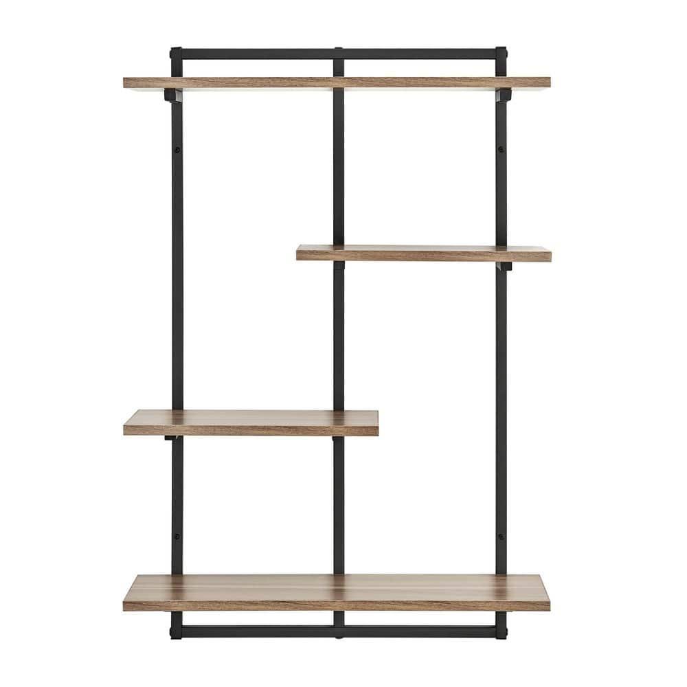 Danya B. 34.5" x 23.6" Rhodes 4 Tier Modern Floating Windowsill Wall Shelf Unit Black/Light Walnut: MDF & Iron, Open Design