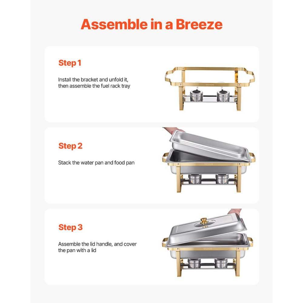 VEVOR Chafing Dish Buffet Set, 8 Qt 4 Pack, Stainless Steel Chafer with 4 Full Size Pans, Rectangle Catering Warmer Server with Glass Lid Water Pan Folding Stand Fuel Holder, for Wedding Party Banquet