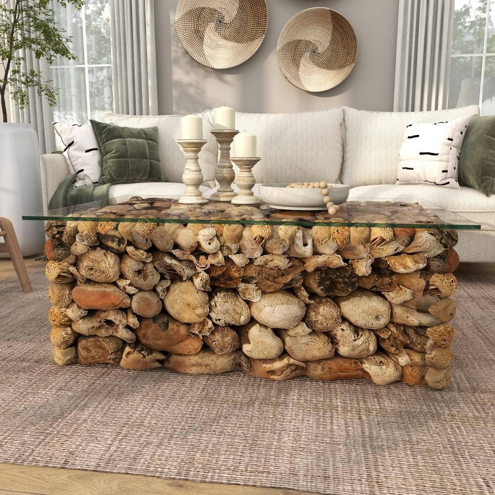 Millwood Pines Brown Wood Handmade Stacked Collage Coffee Table with Clear Glass Top