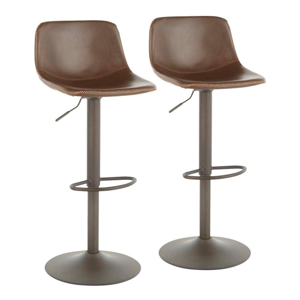 Set of 2 31.25" Duke Industrial Adjustable Height Barstools Antiqued Brown - LumiSource: Oval Back, Polyurethane Upholstery, Metal Legs