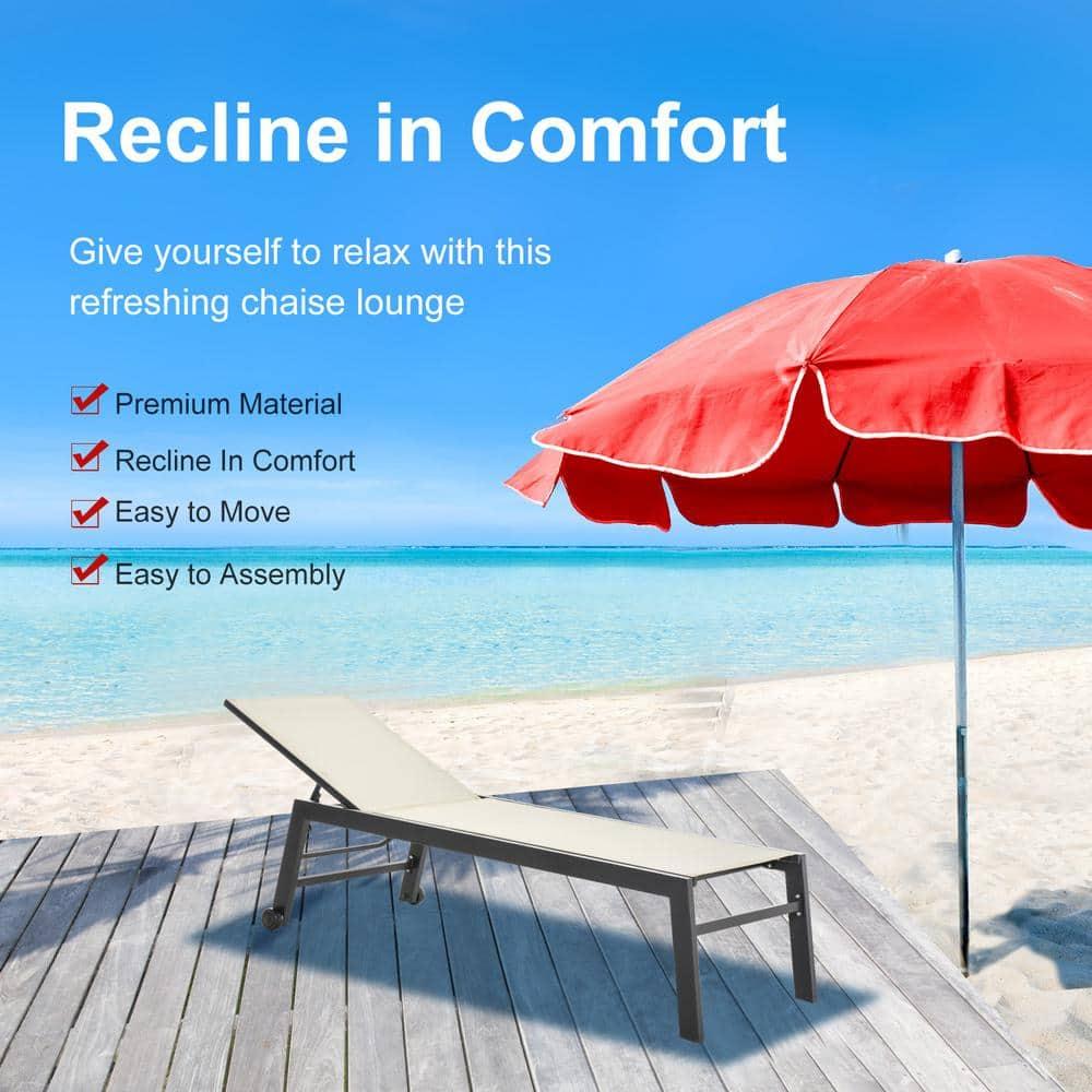 Outsunny Chaise Lounge Outdoor Pool Chair with Wheels, Five Position Recliner for Suntanning, Sunbathing, Steel Frame, Breathable Fabric, Cream White