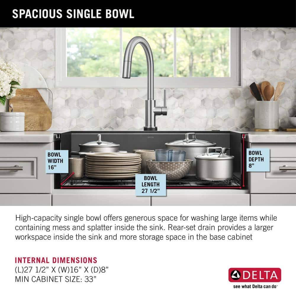 Delta Rivet™ Black Stainless Steel Retrofit Farmhouse Apron Front 16 Gauge Workstation Kitchen Sink Single Bowl