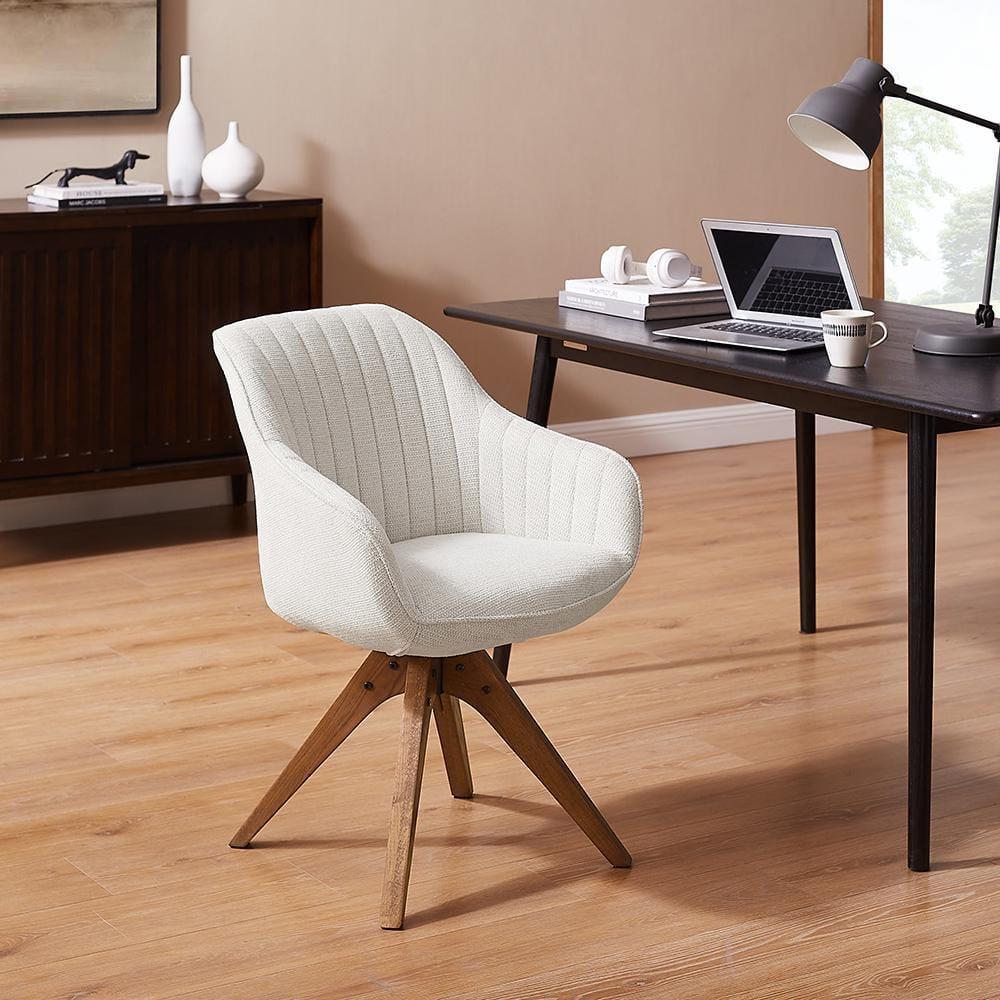 Off-White Fabric and Wood Swivel Accent Chair