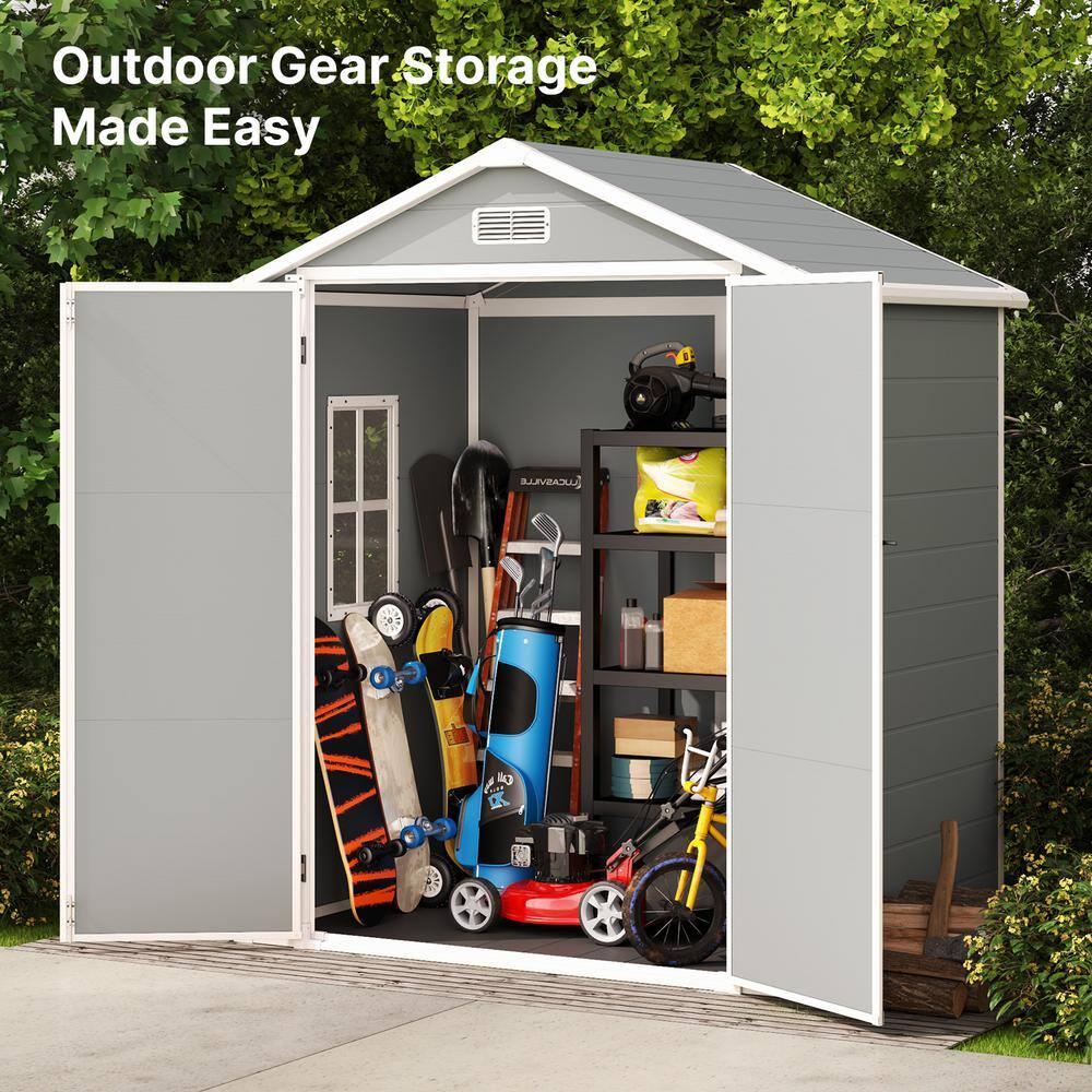 Outdoor Storage Shed with Floor, Lofka 6' x 4' Resin Outdoor Shed with Side windows for Garden, Patios, Backyards, Gray