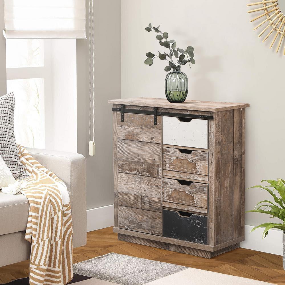 LuxenHome Rustic Wood 4-Drawer 1-Sliding Door Storage Cabinet Brown, White, Gray