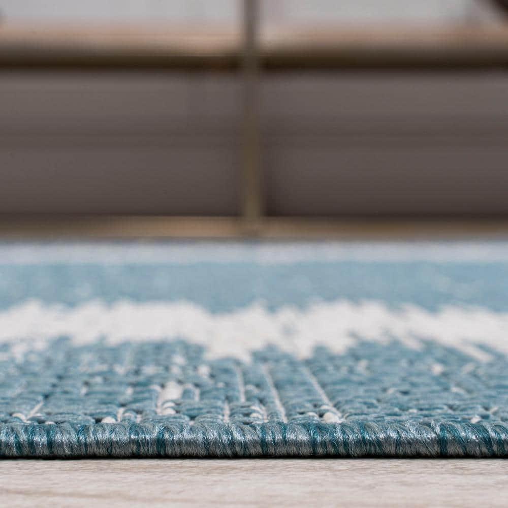 2'x10' Scandi Minimalist Border Indoor/Outdoor Runner Rug, Aqua - JONATHAN Y