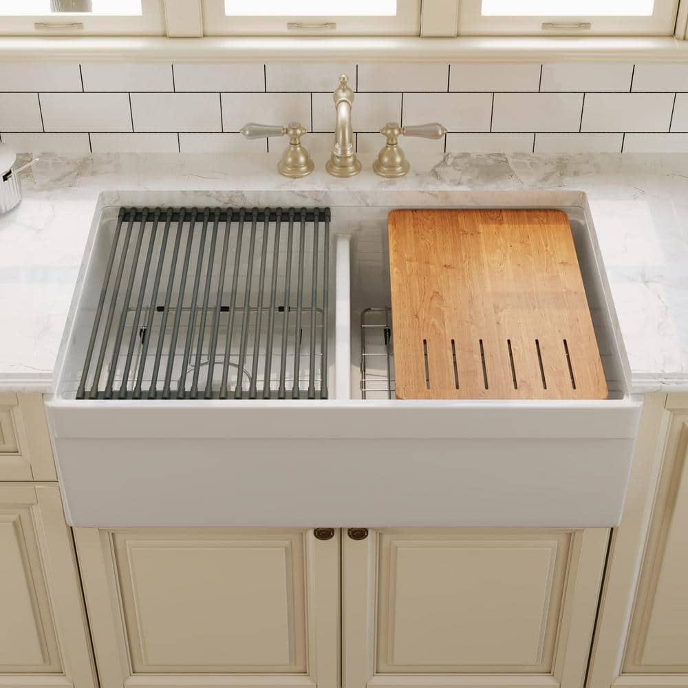 33" L X 20" W White Fireclay Double Bowl Workstation Farmhouse Kitchen Sink with Cutting Board And Dish-Drying Rack