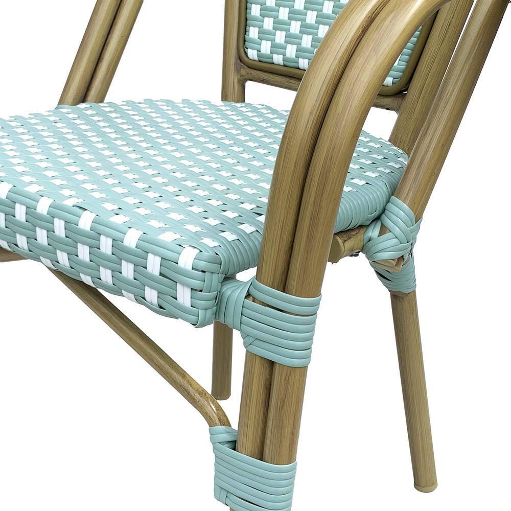 Cecil Aluminum and Wicker Outdoor French Bistro Chairs, Set of 2, Light Teal, White, and Wood Print