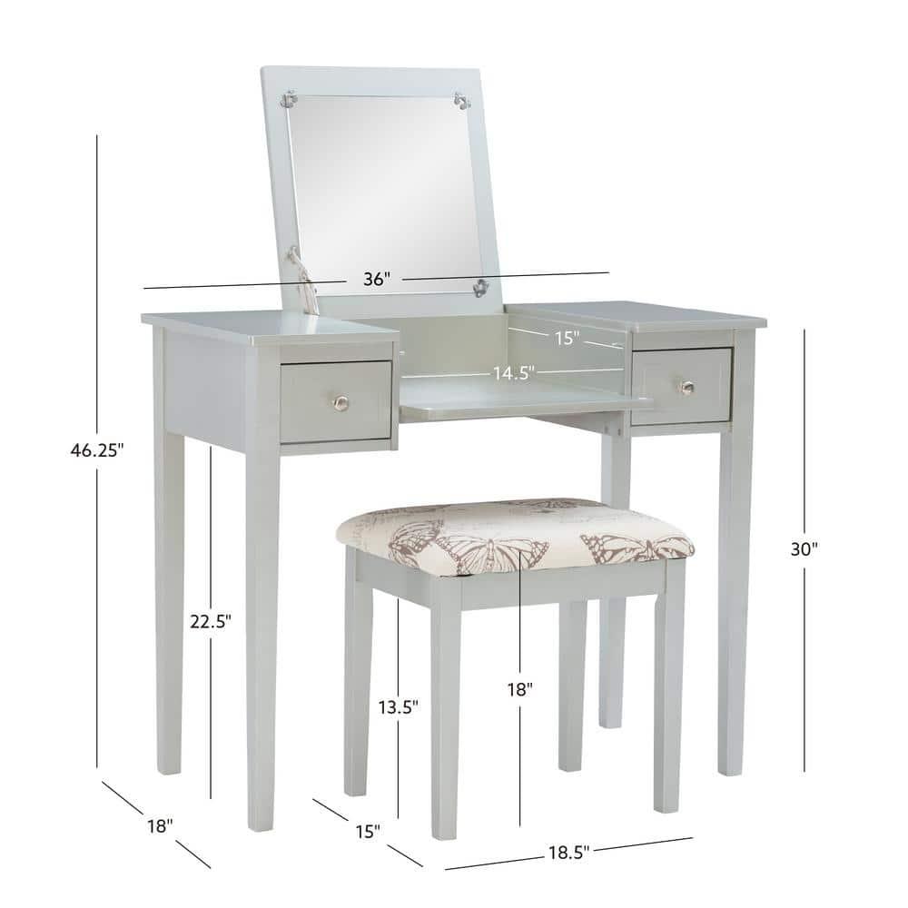 Traditional Wood Flip Up Mirror Drop Drawer Butterfly Vanity and Stool Silver - Linon