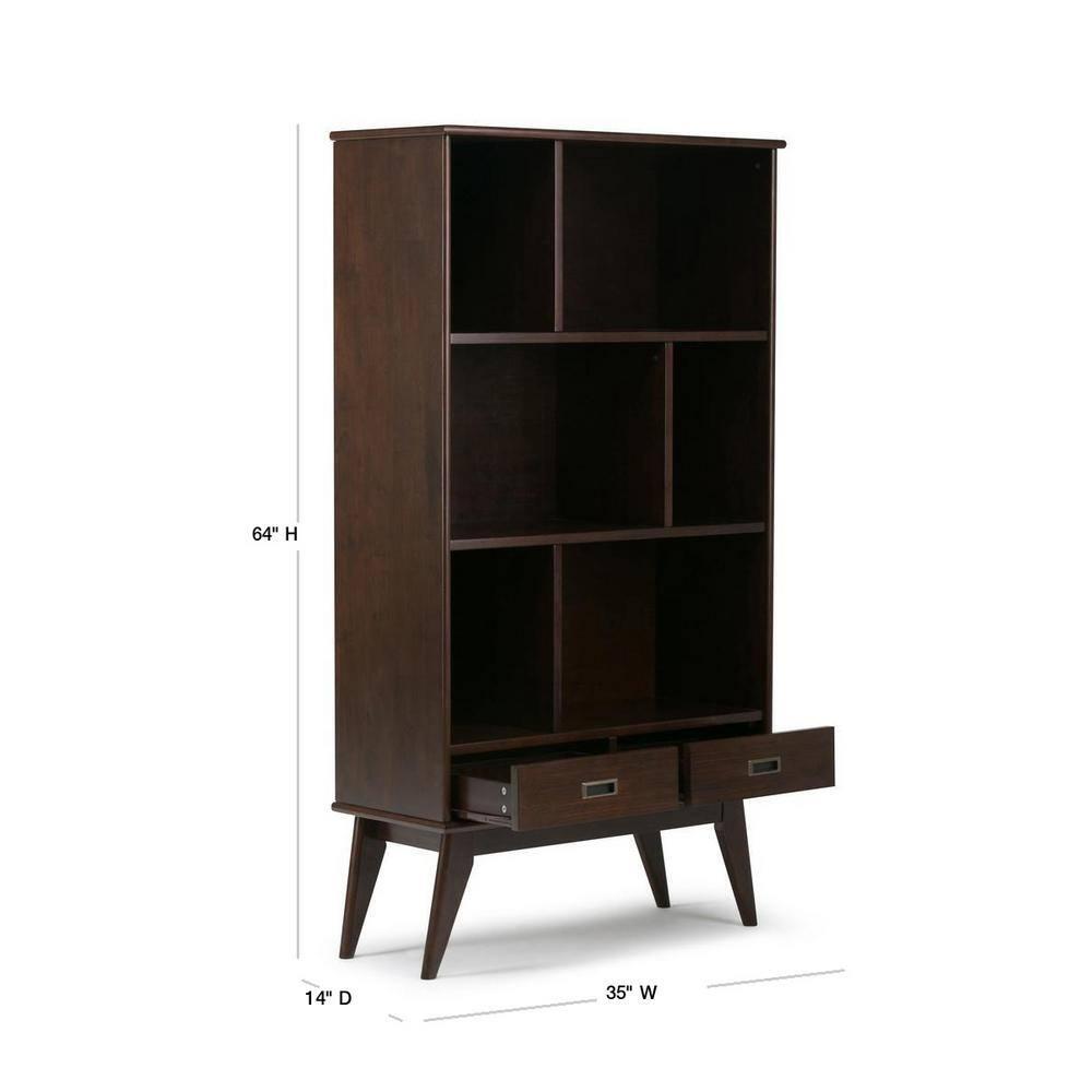 Simpli Home Draper 35"W Solid Hardwood 6 Shelf Compartment Mid-Century Modern Wide Bookcase with 2 Drawers