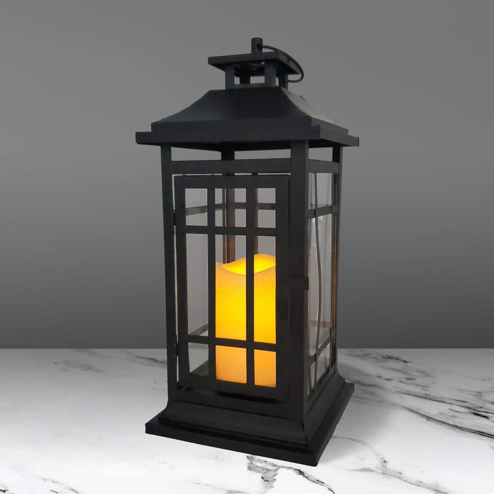 LumaBase Battery Operated Metal Lantern with LED Candle - Black Window (14 inches)