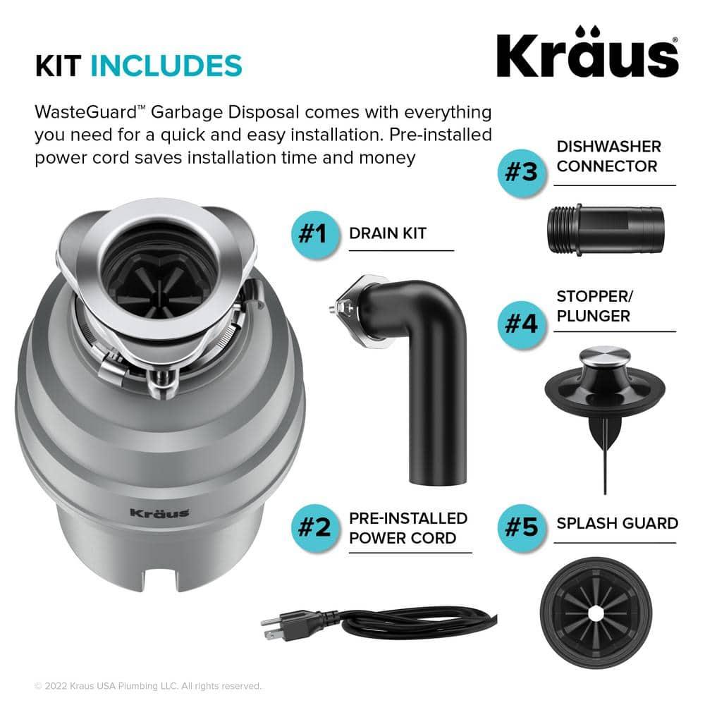 Kraus KRAUS Wasteguard High-Speed 1 HP Continuous Feed Ultra-Quiet Motor Garbage Disposal With Power Cord And Flange Included And Universal Mount, KWD200-100MGR