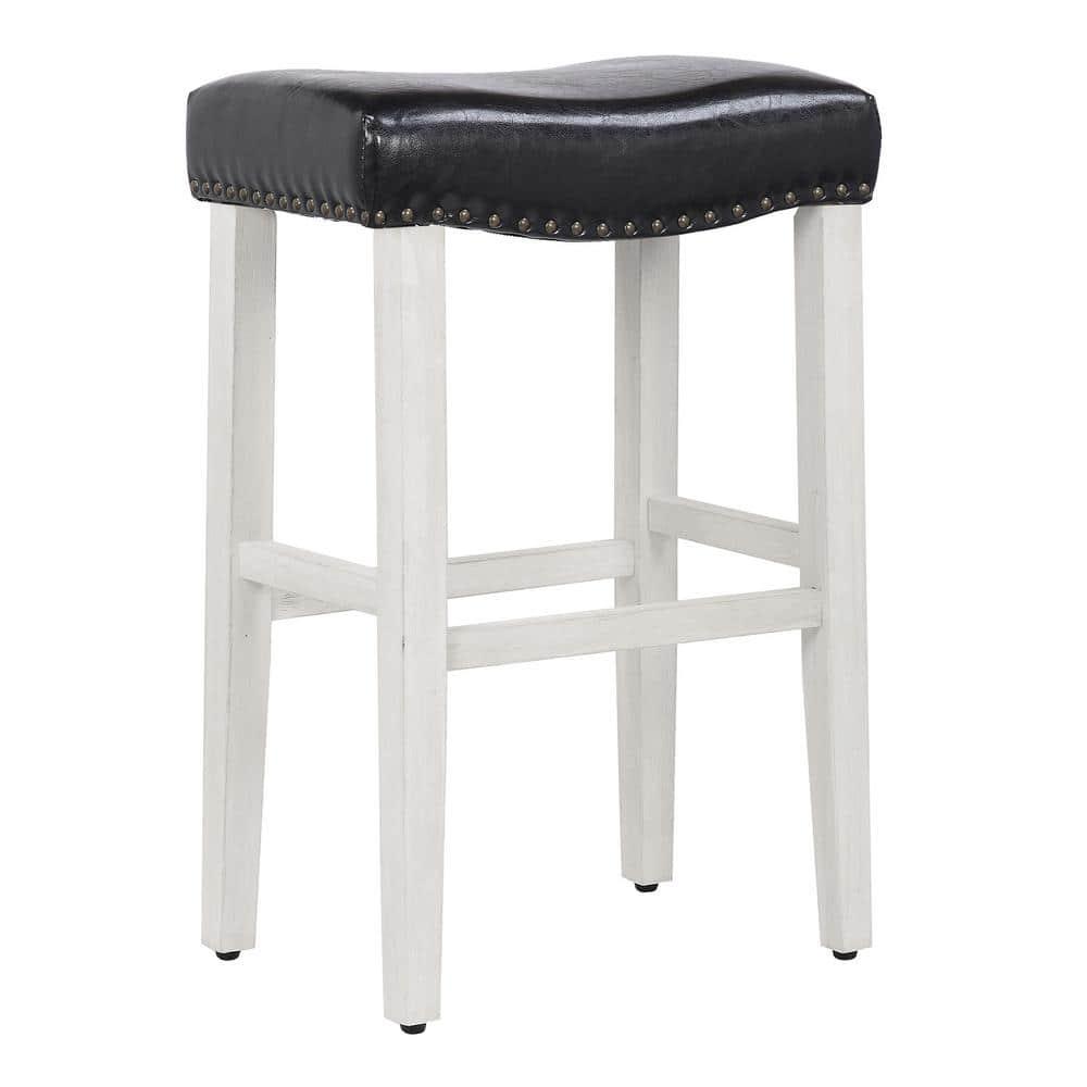 Polytrends Jameson Upholstered Polyester 29" Bar Stool - Saddle Seat/ White Legs Antique White/Black