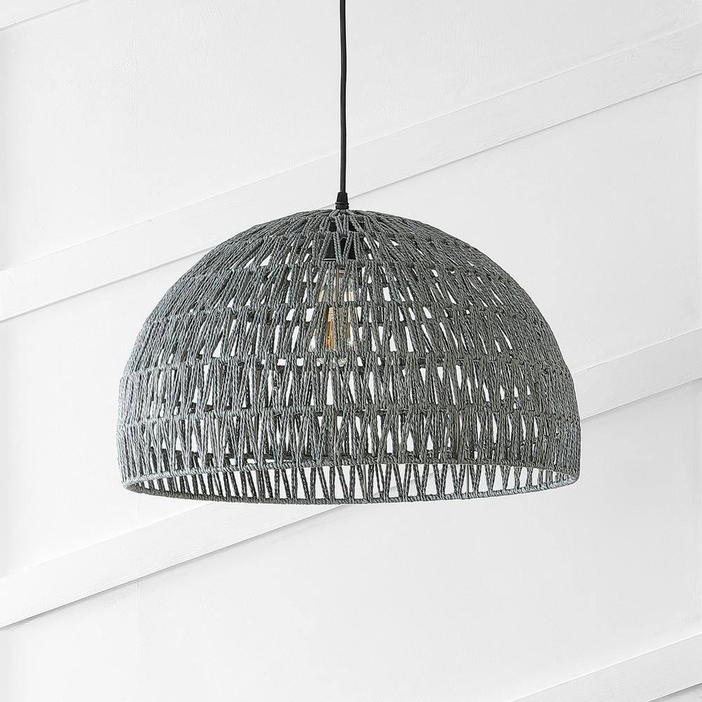 Campana 20" 1-Light Bohemian Modern Woven Rope/Iron LED Pendant, Grey/Black