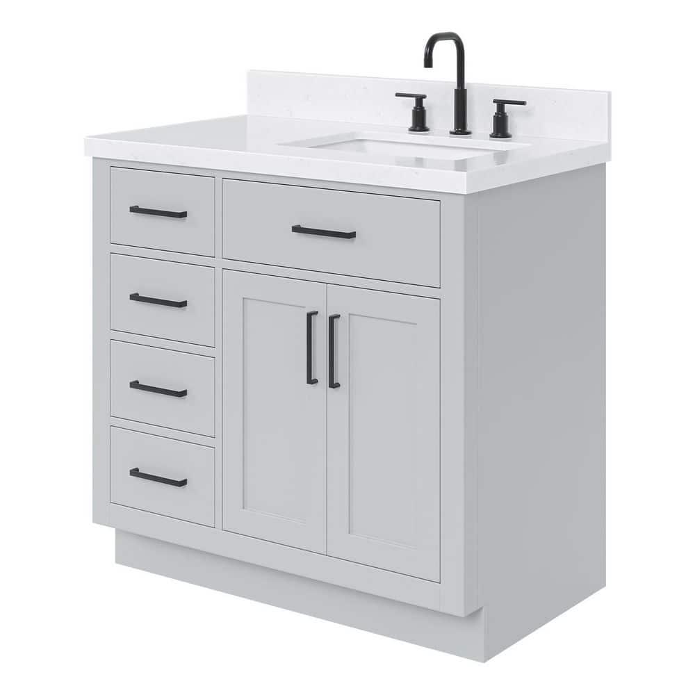 Thornaby 36'' Solid Wood Single Bathroom Vanity with 1.5'' Carrara Quartz Top, Left Offset Oval Sink