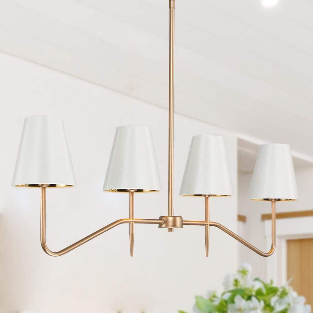 Brightever 4-Light Gold Linear Chandelier, Kicthen Island Light Fixture for Dining Room Over Table, Modern Pendant Lighting with White Fabric Shades for Pool Table, E12 Base (Bulb not Included)