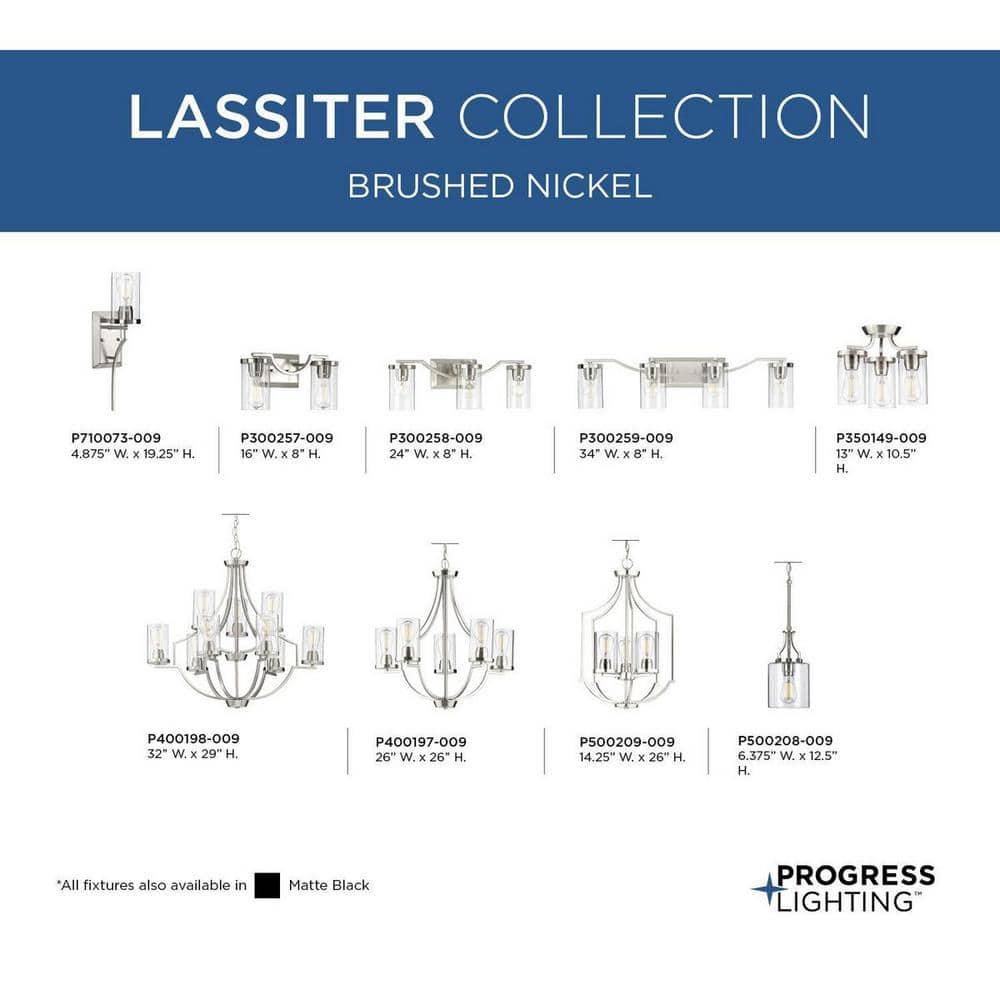 Progress Lighting, Lassiter Collection, 9-Light Chandelier, Brushed Nickel, Clear Glass Shades