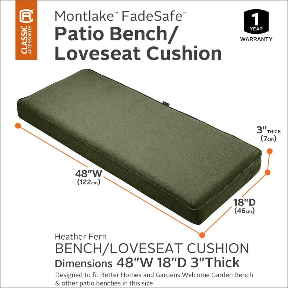 Classic Accessories Montlake FadeSafe Water-Repellent 48 x 18 x 3 Inch Outdoor Bench Cushion, Heather Fern