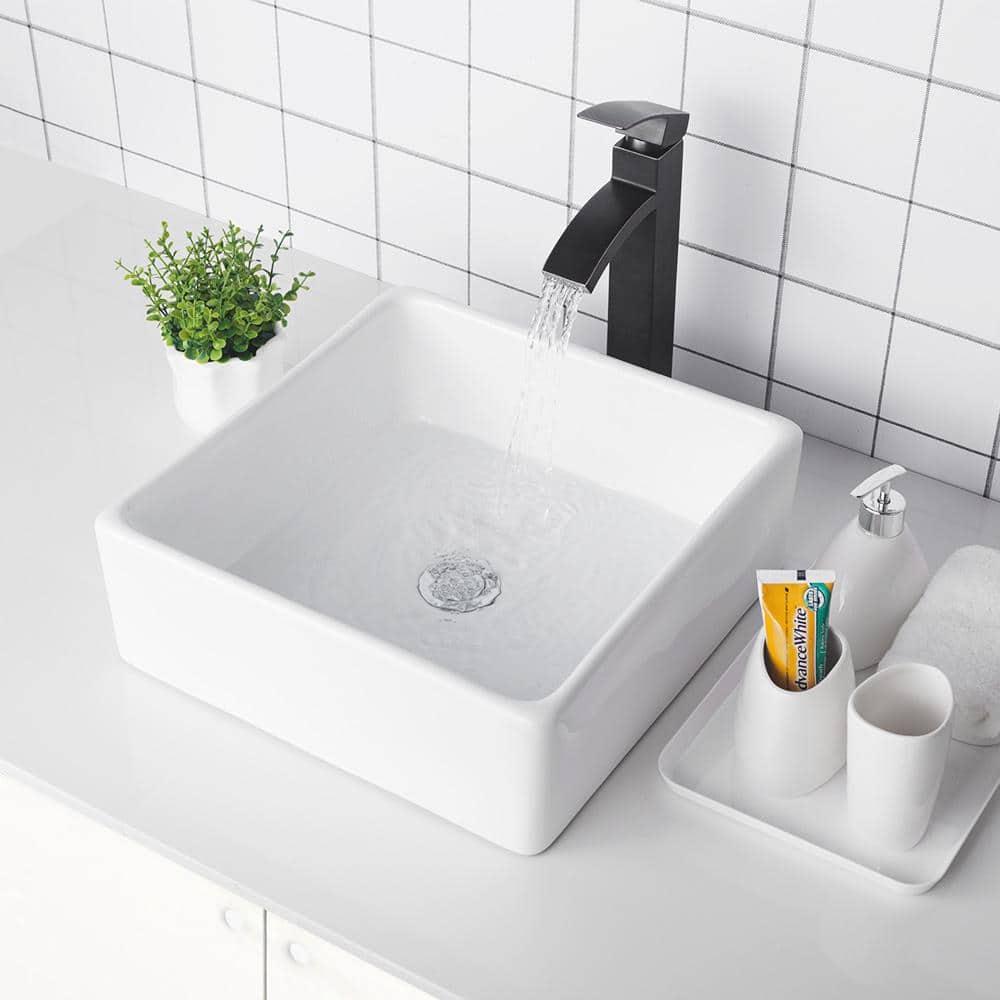 15 in. Bathroom Porcelain Ceramic Art Basin Square Vessel Sink in White