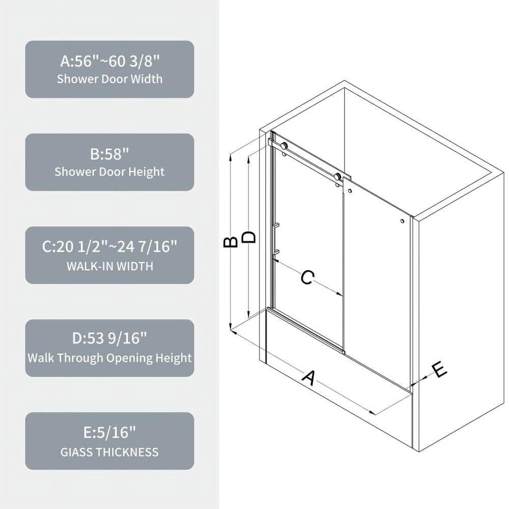 LONNI-STYLE 56 - 60 in. W x 58 in. H Frameless Sliding Bathtub Door  with Clear SGCC Tempered Glass LONY6058S04CMB