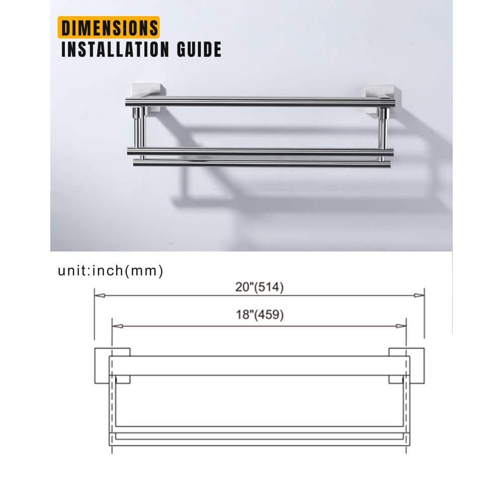2-Tier 20" Wall Mounted Stainless Steel Bathroom Towel Rack With 2 Towel Bars Round Rods
