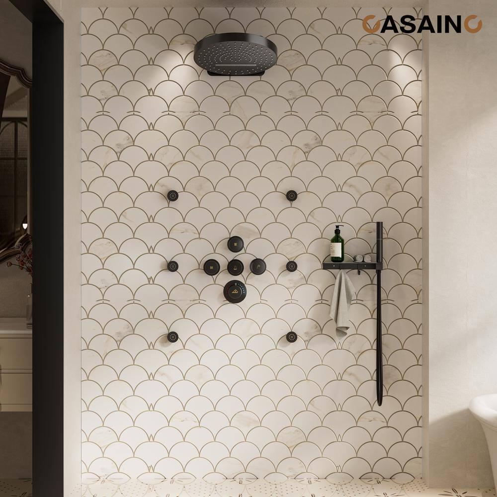 CASAINC KCHS0005-12MB Rainfall Thermostatic Shower System with Body Jets, 2-Sprays Shower Head and a Shelf