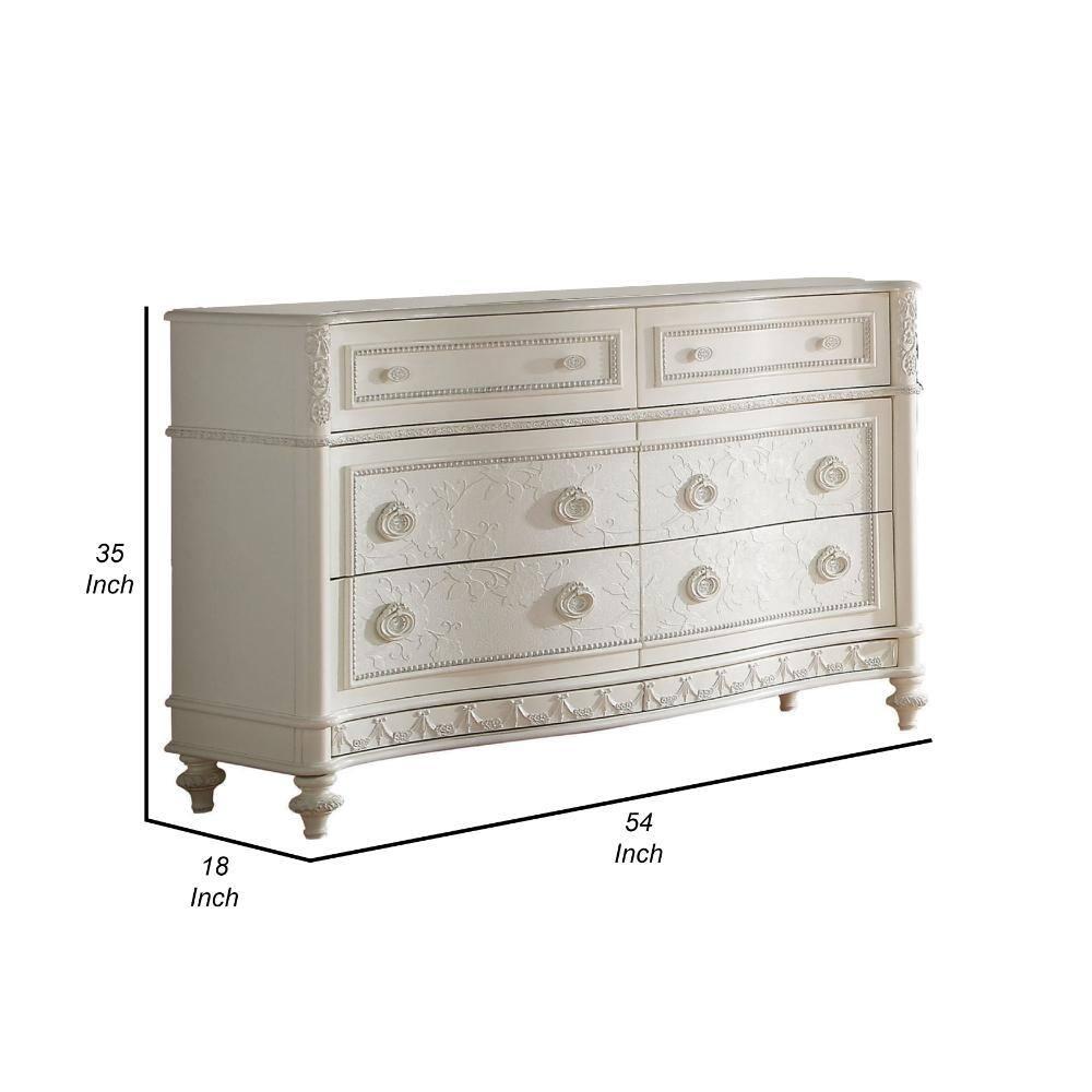 Dorie 54 in. Wide Dresser - 6 Drawers - Oval Molded Trim - Wood - Ivory White