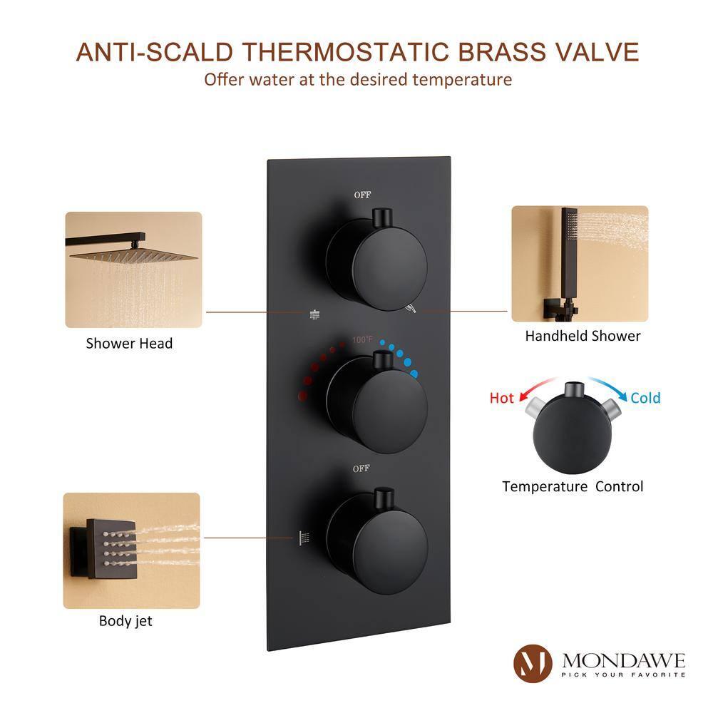 Rainfall Symphony 12inch 3-Function Dual Shower Head Thermostatic Shower System with 3 Sprays Handheld