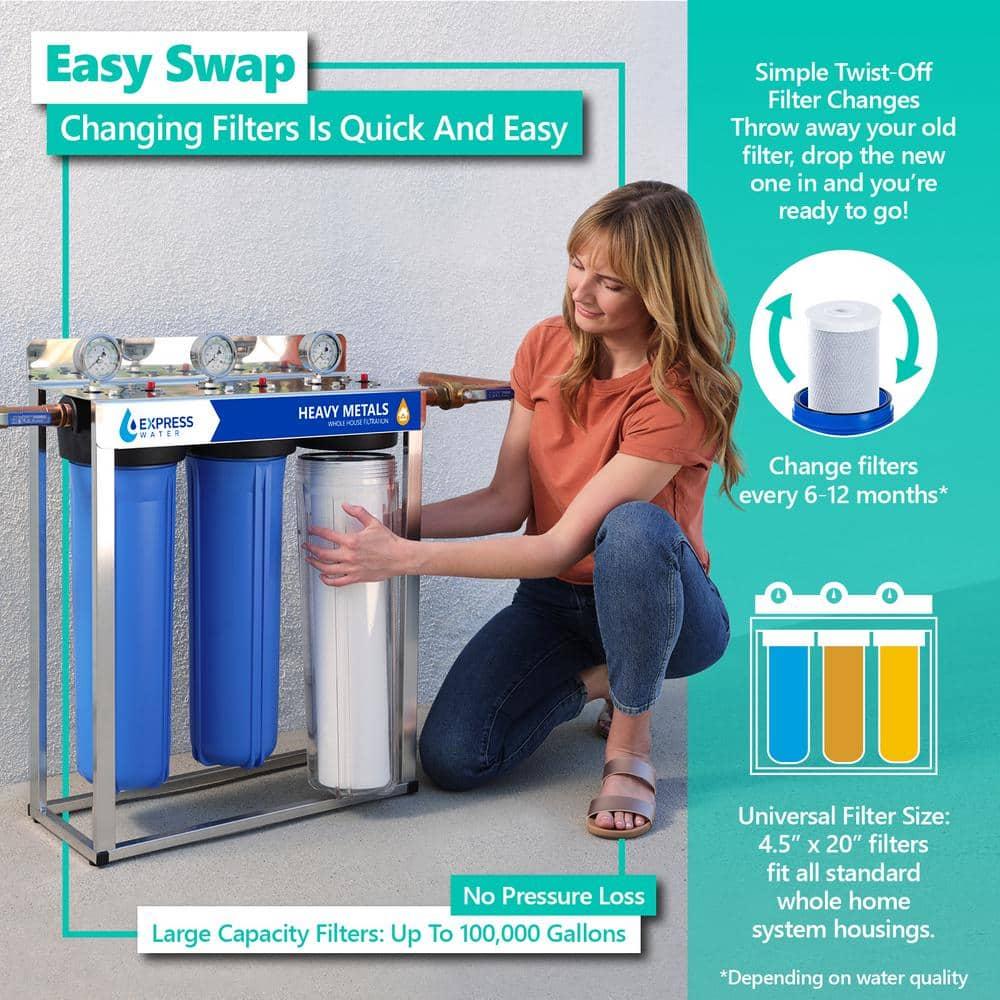 Express Water – Whole House Heavy Metal Water Filter Set – 3 Stage Filtration Replacement Kit – Sediment, Carbon Block, KDF High Capacity Cartridge – 5 Micron – 4.5” x 20” inch