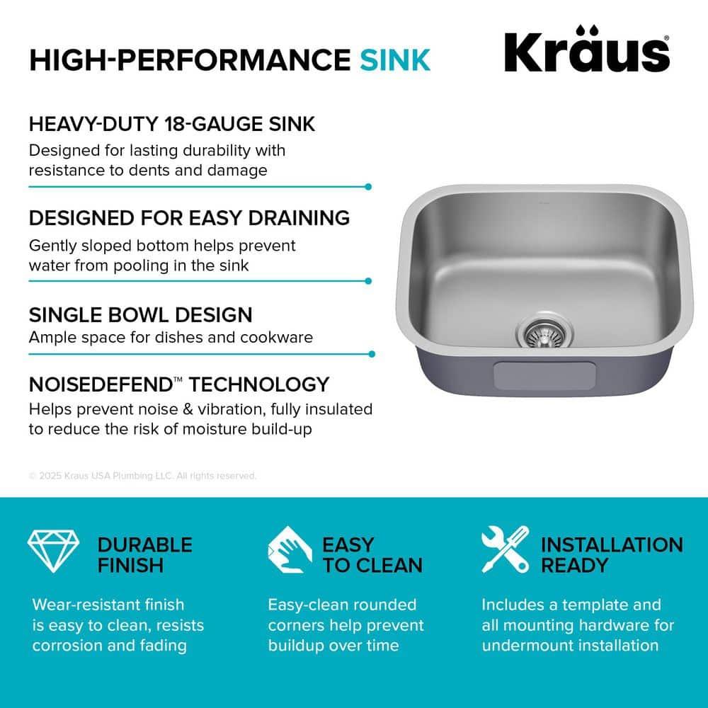 KRAUS Premier 16 Gauge Undermount Single Bowl Stainless Steel Kitchen Sink