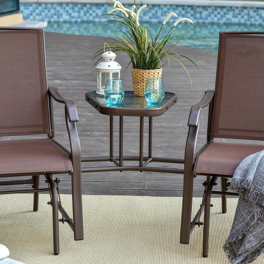 Outsunny Outdoor Glider Chairs with Coffee Table, Patio 2-Seat Rocking Chair Swing Loveseat with Breathable Sling, Coffee Brown