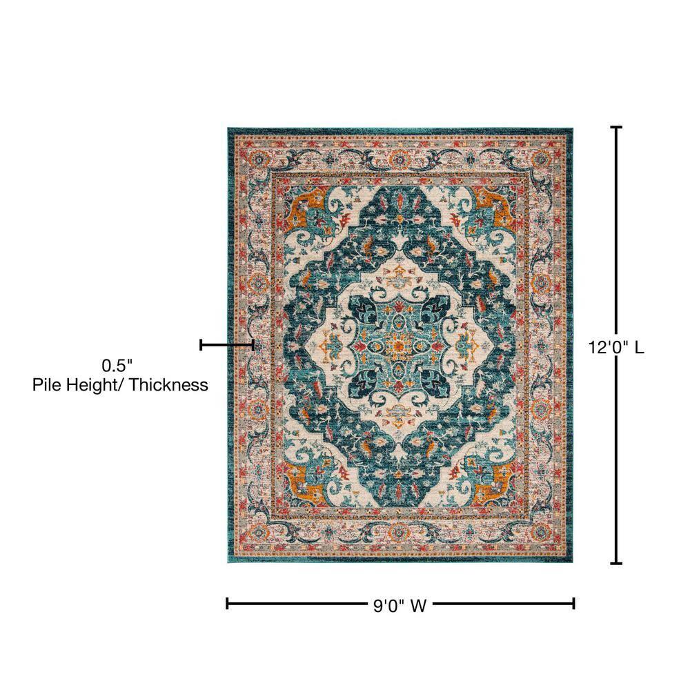 SAFAVIEH Phoenix Collection Area Rug - 9' x 12', Ivory & Blue, Boho Chic Oriental Medallion Design, Non-Shedding & Easy Care, Ideal for High Traffic Areas in Living Room, Bedroom (PHX154M)
