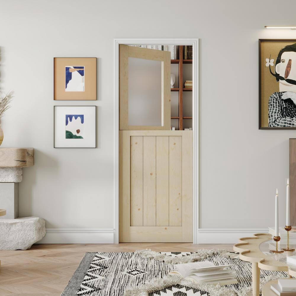CHIC MODE Interior Dutch Door - Half Frosted Glass Split Door Slab, Modern Style Farmhouse Closet Door, Natural Pine Wood(Not Include Door Hinges)