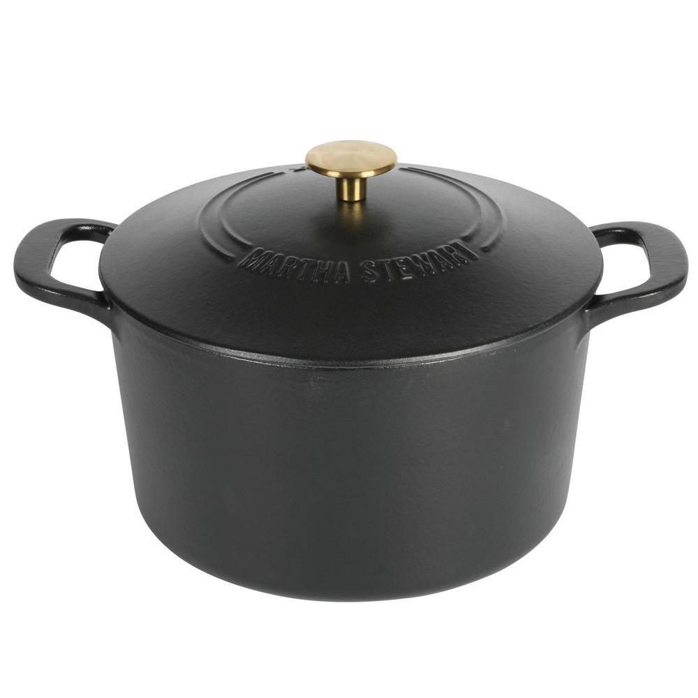 Martha Stewart Gatwick 7qt Enamel Cast Iron Dutch Oven Matte Black: Oven-Safe, Gas & Electric Compatible, 15" Diameter