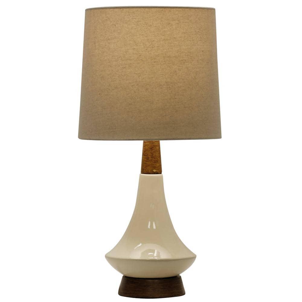 Poly Resin & Ceramic Table Lamp - Faux Wood, Cream Finish - White Hardback Styrene Shade