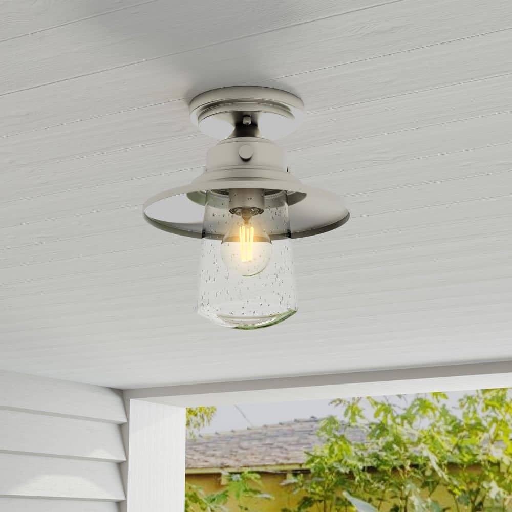 Progress Lighting Tremont 1-Light Matte Black Clear Seeded Glass Outdoor Semi-Flush Mount, Stainless Steel