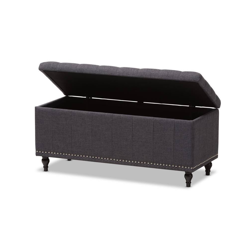 Baxton Studio Kaylee Modern Classic Fabric Upholstered Button - Tufting Storage Ottoman Bench - Dark Gray: Rectangle, Polyester, Wood Frame