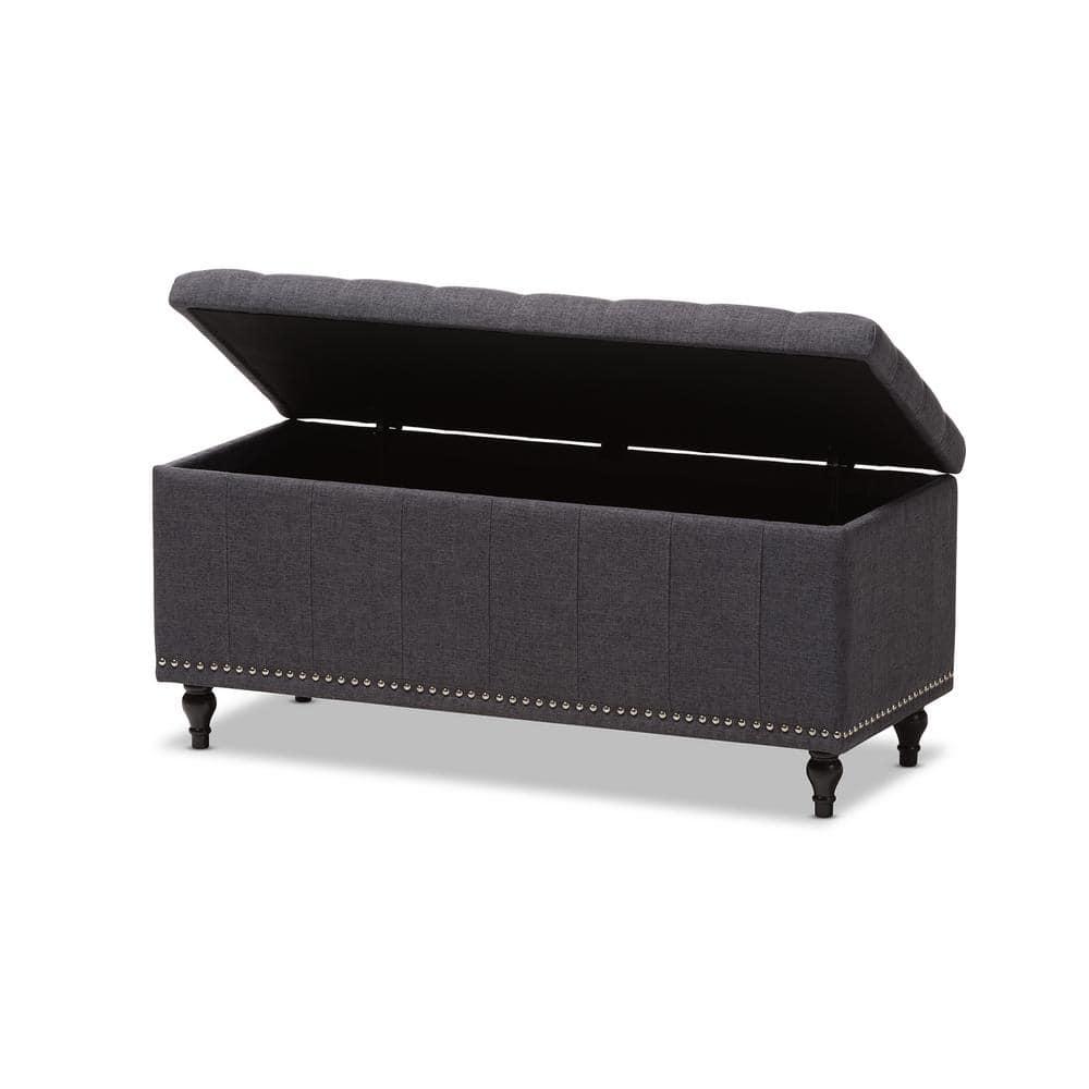 Baxton Studio Kaylee Modern Classic Fabric Upholstered Button - Tufting Storage Ottoman Bench - Dark Gray: Rectangle, Polyester, Wood Frame