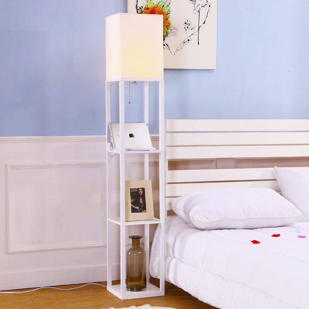 Brightech Maxwell 63 in. 3-Shelf USB-Charging LED Floor Lamp with Fabric Square Shade