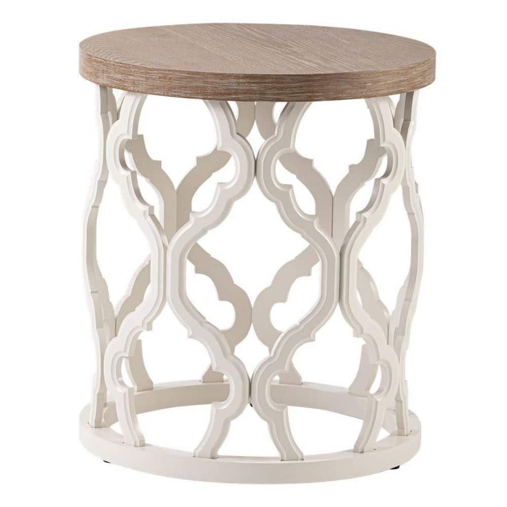 COZAYH Mesa Auxiliar Rústica Mesa Auxiliar con Tapa de Madera Desgastada y Base de Marco con Motivo Curvo para Decoración Boho, de Granja, Redonda, Natural