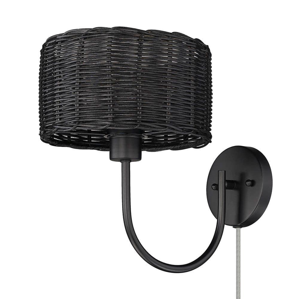 Golden Lighting Erma 1-Light Wall Sconce in Matte Black with Black Wicker