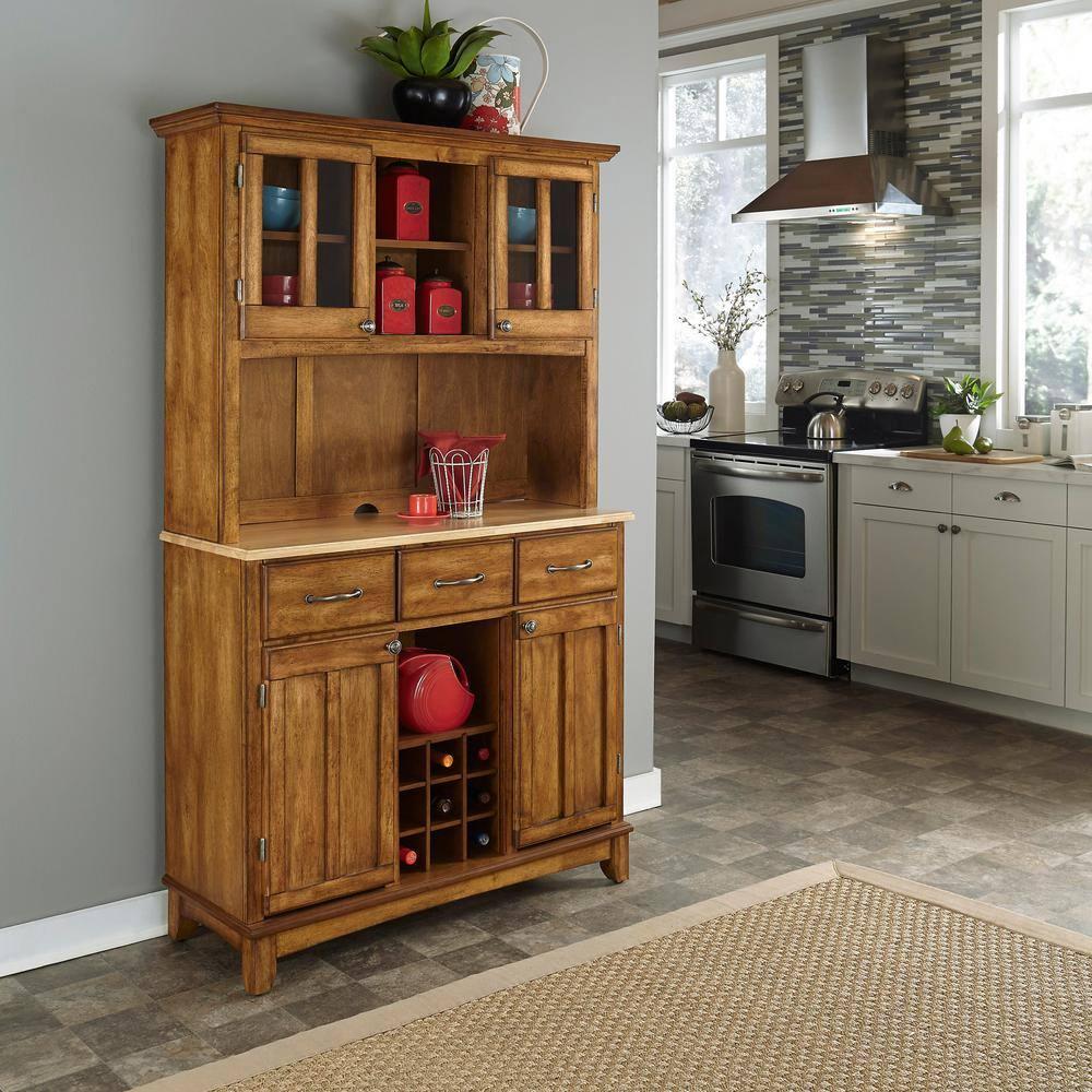 72.25" Sideboard Buffet Servers with Wood Top and Hutch Oak Brown - Home Styles