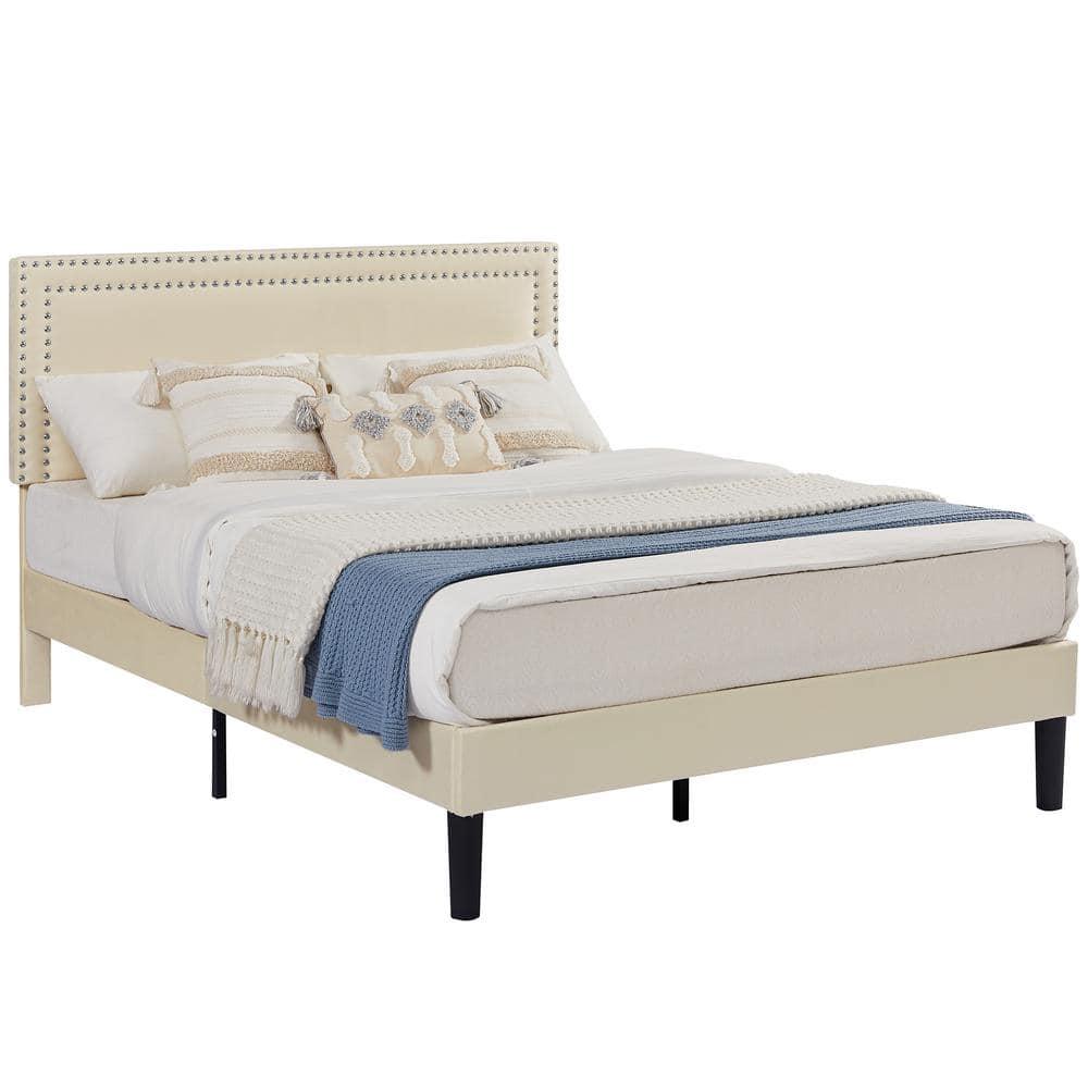 Katkuca Queen Bed Frame, Upholstered Queen Size Platform Bed Frame with Adjustable Headboard, Strong Wood Slat Support, No Box Spring Needed, Beige