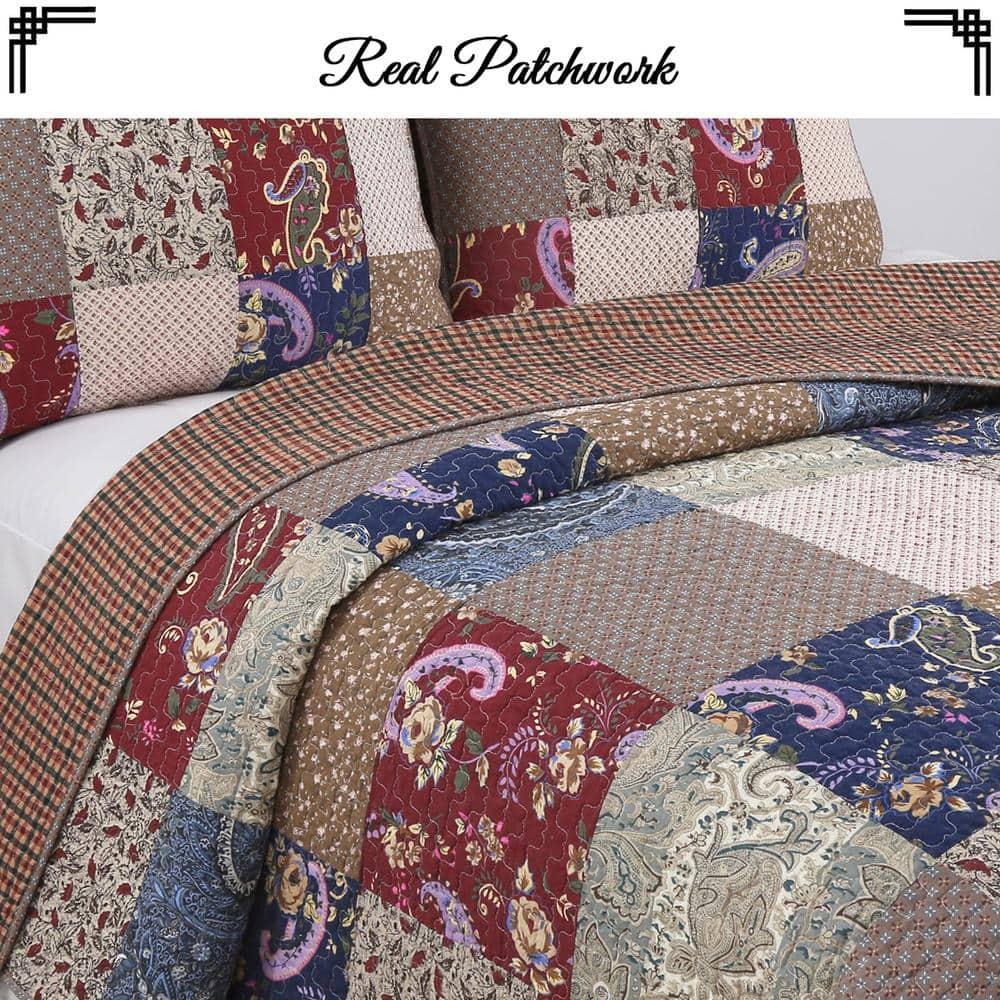 King Size Red and Navy Cotton Reversible Patchwork Quilt Set