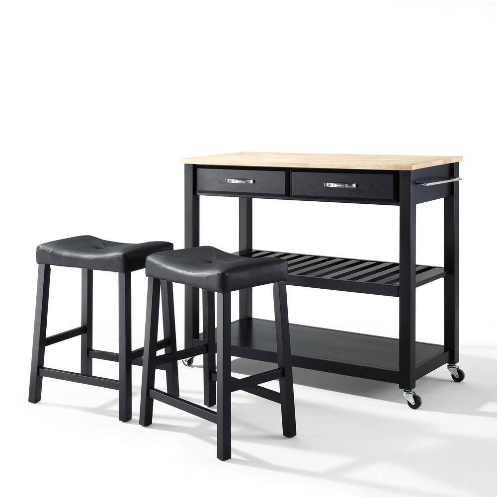 Wood Top Kitchen Prep Cart with 2 Upholstered Saddle Stools Black - Crosley: Mobile Island, Storage, Towel Bar